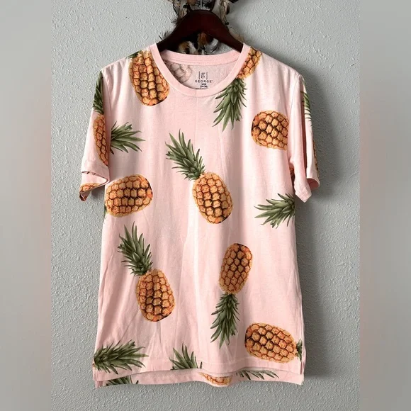 George Men’s Small Pink Pineapple T-Shirt Vacation Tee Casual Summer Menswear - Picture 1 of 10